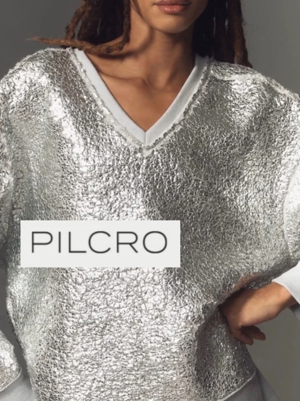 Pilcro Silver FoilSherpa V neck top, S, GP1592